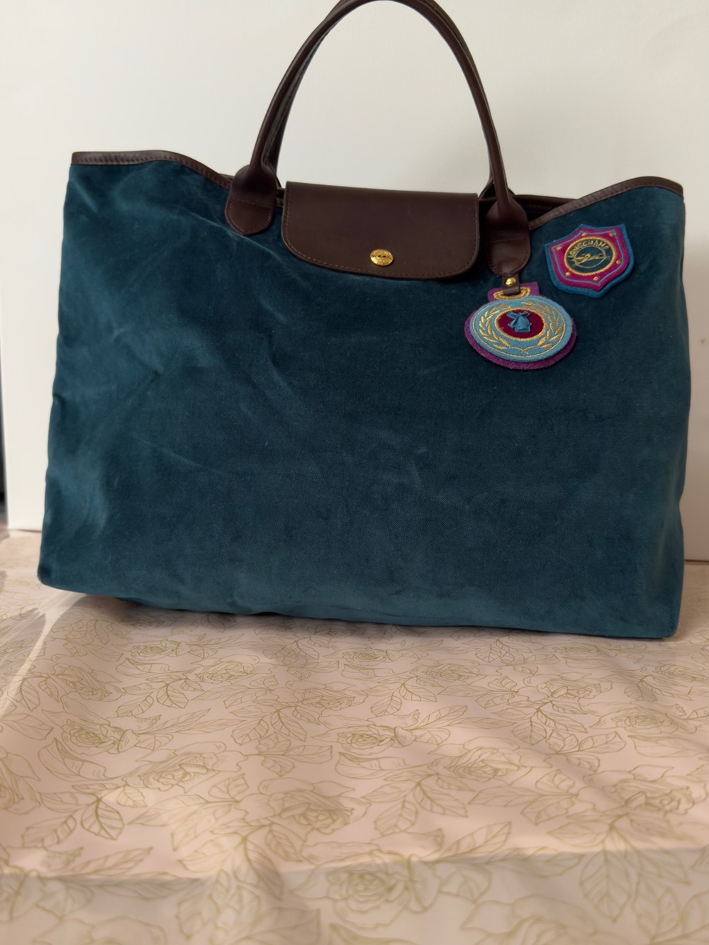 Longchamp Limited Edition Velvet Teal Blue Crest Tote Bag